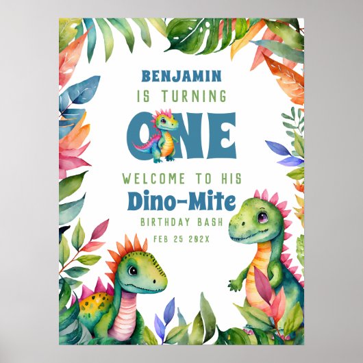 Dinosaurus 1e Verjaardag Jongen Tropisch Welkomstf Poster (Voorkant)