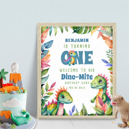 Dinosaurus 1e Verjaardag Jongen Tropisch Welkomstf Poster