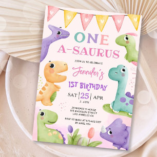 Dinosaurus 1e verjaardag meisje schattige A-Saurus Kaart