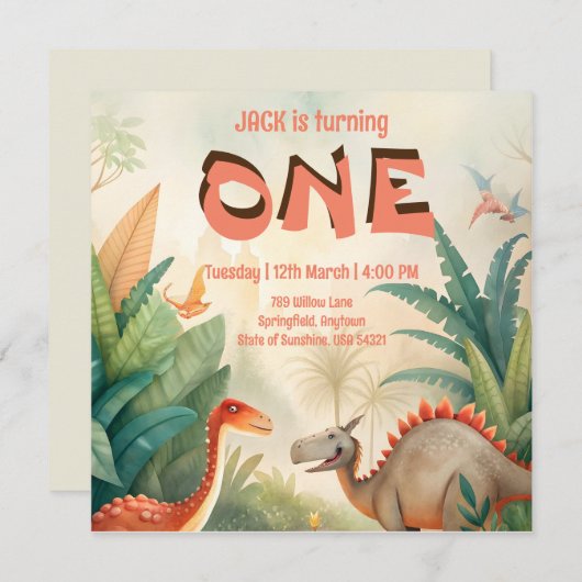 Dinosaurus 1e verjaardag oerwoud waterverf save the date (Voorkant / Achterkant)