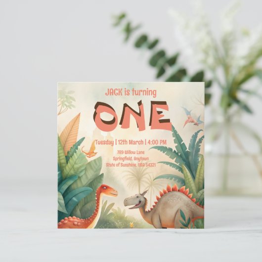 Dinosaurus 1e verjaardag oerwoud waterverf save the date (Staand voorkant)