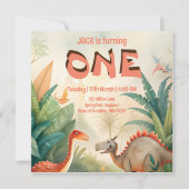 Dinosaurus 1e verjaardag oerwoud waterverf save the date (Voorkant)