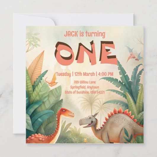 Dinosaurus 1e verjaardag oerwoud waterverf save the date (Voorkant)