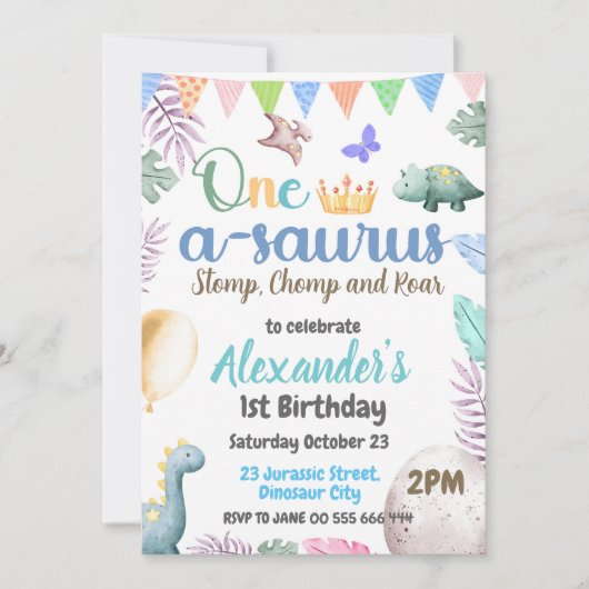 Dinosaurus 1e verjaardag One-A-Saurus Jongensfeest Kaart (Voorkant)