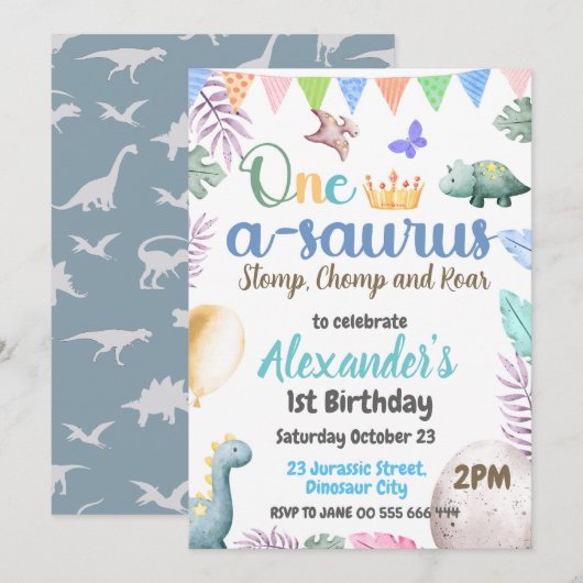 Dinosaurus 1e verjaardag One-A-Saurus Jongensfeest Kaart (Voorkant / Achterkant)