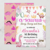 Dinosaurus 1e verjaardag One-A-Saurus Meisjesfeest Kaart (Voorkant / Achterkant)