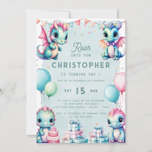 Dinosaurus 1e Verjaardag Pastel Schattige Dino Dra Kaart (Voorkant)