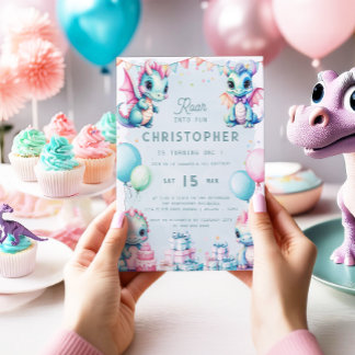 Dinosaurus 1e Verjaardag Pastel Schattige Dino Dra Kaart