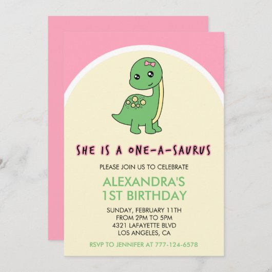 Dinosaurus 1e verjaardag uitnodiging meisje een ee (Voorkant / Achterkant)