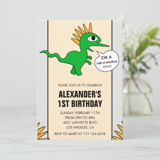 Dinosaurus 1e verjaardag uitnodiging One-a-saurus  (Staand voorkant)