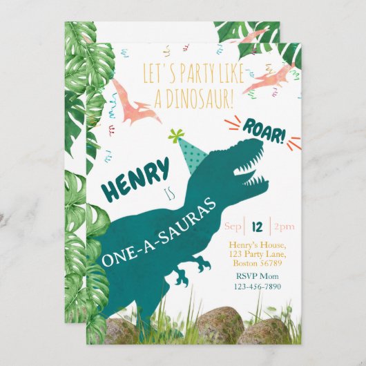 Dinosaurus 1e Verjaardag Uitnodiging Oneasauras TR (Voorkant / Achterkant)