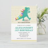 Dinosaurus 1e verjaardag uitnodiging Rainbow t rex (Staand voorkant)
