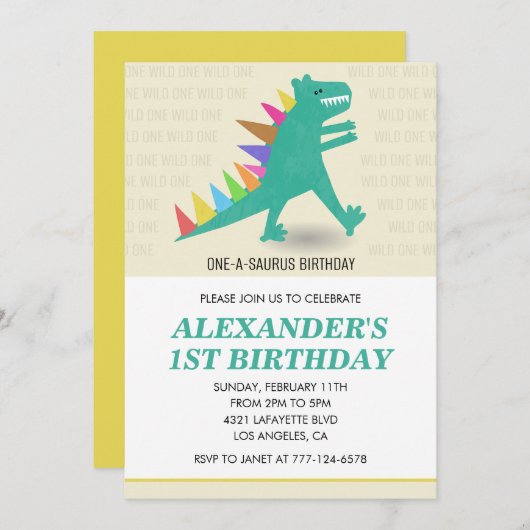 Dinosaurus 1e verjaardag uitnodiging Rainbow t rex (Voorkant / Achterkant)