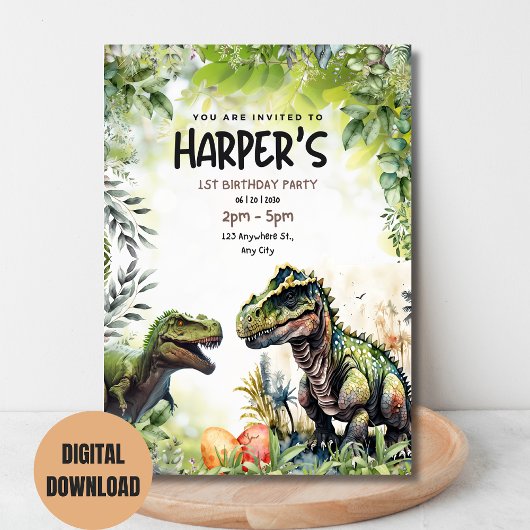 Dinosaurus 1e verjaardag uitnodiging, wilde dinosa kaart