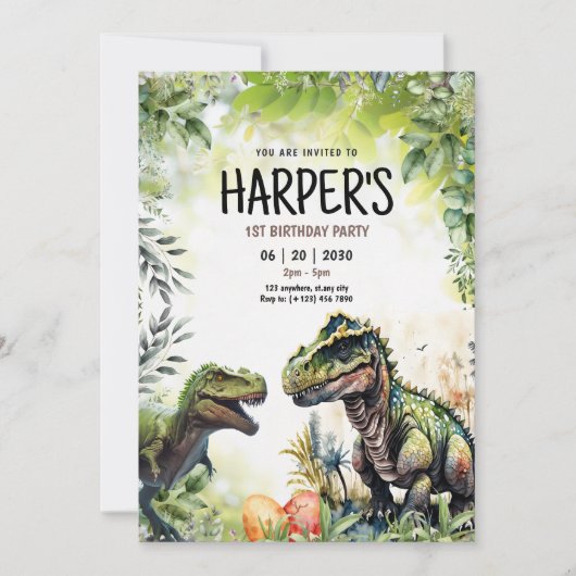 Dinosaurus 1e verjaardag uitnodiging, wilde dinosa kaart (Voorkant)