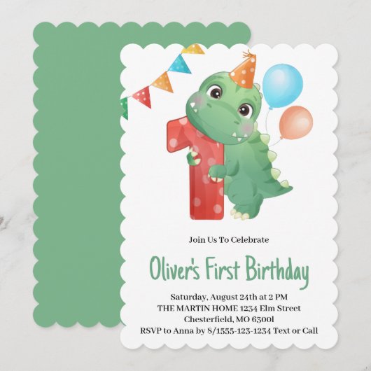 Dinosaurus 1e verjaardagsfeest uitnodiging (Voorkant / Achterkant)