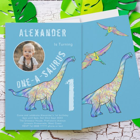 Dinosaurus 1e Verjaardagsfeestje Blauw Kaart