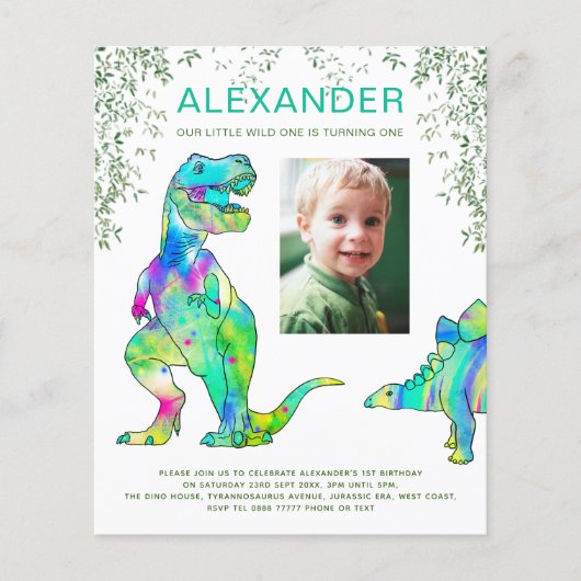 Dinosaurus 1e verjaardagsfeestje foto budget flyer (Voorkant)