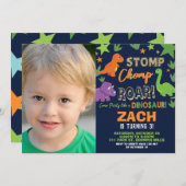 Dinosaurus 1e verjaardagsfeestje jongen stamp chom kaart (Voorkant / Achterkant)