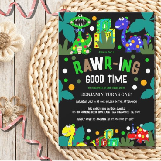 Dinosaurus 1e verjaardagsfeestje kaart