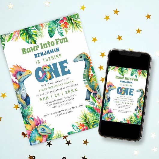 Dinosaurus 1e verjaardagsfeestje Schattige Baby Bo Kaart