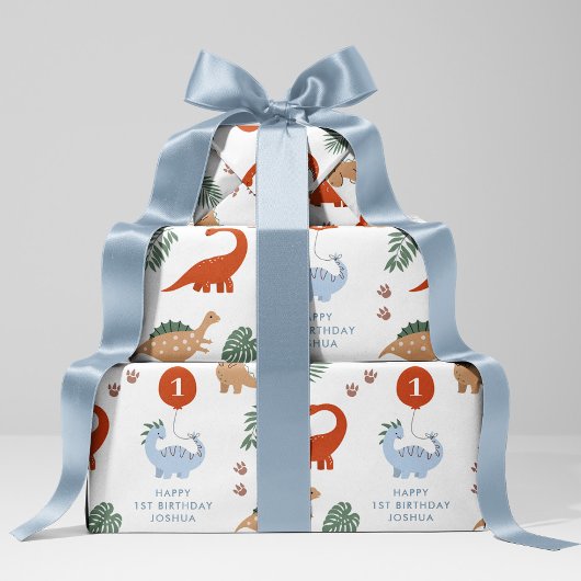 Dinosaurus 1e Verjaardagspartij Aangepaste Naam Inpakpapier Vel
