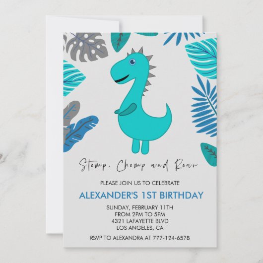 Dinosaurus 1e verjaardagsuitnodiging stamp chomp b kaart (Voorkant)