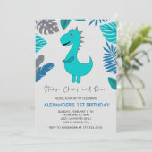 Dinosaurus 1e verjaardagsuitnodiging stamp chomp b kaart (Staand voorkant)