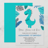 Dinosaurus 1e verjaardagsuitnodiging stamp chomp b kaart (Voorkant / Achterkant)