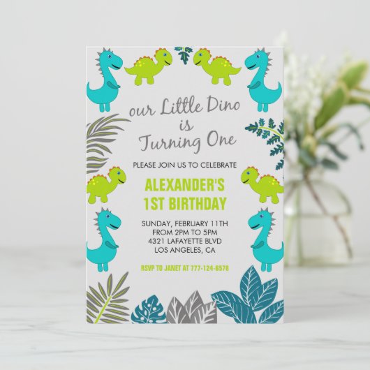 Dinosaurus 1e verjaardagsuitnodigingen oerwoud kin kaart (Staand voorkant)