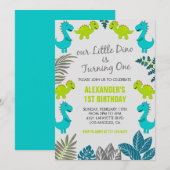 Dinosaurus 1e verjaardagsuitnodigingen oerwoud kin kaart (Voorkant / Achterkant)