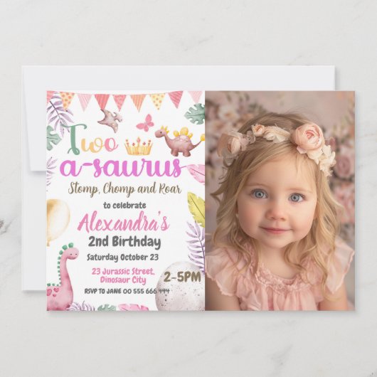 Dinosaurus 2e verjaardag foto Two-A-Saurus meisje Kaart (Voorkant)