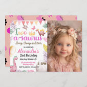 Dinosaurus 2e verjaardag foto Two-A-Saurus meisje Kaart (Voorkant / Achterkant)