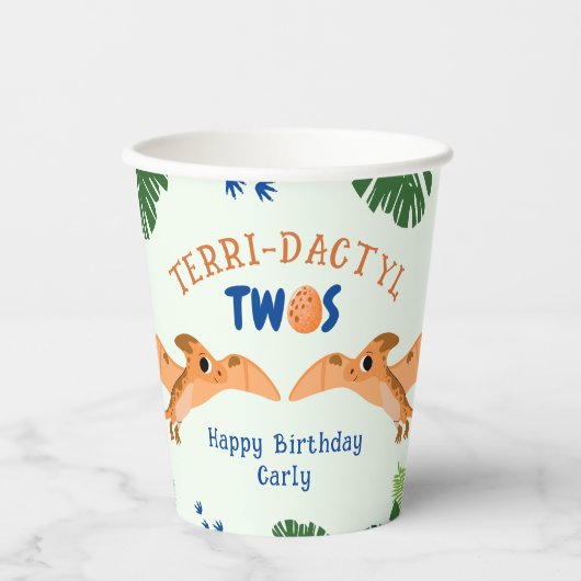 Dinosaurus 2e verjaardag Grappige Groene Pterodact Papieren Bekers (Voorkant)