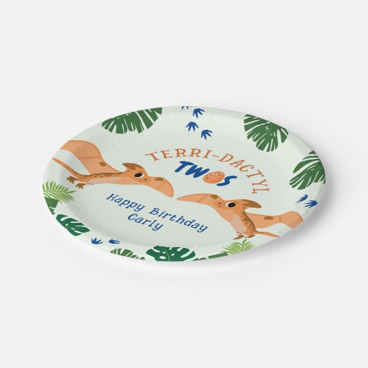 Dinosaurus 2e verjaardag Grappige Groene Pterodact Papieren Bordje (Gekanteld)