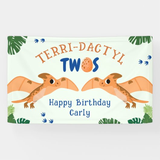 Dinosaurus 2e verjaardag Grappige Groene Pterodact Spandoek (Horizontaal)