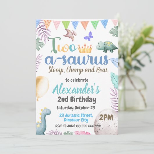 Dinosaurus 2e verjaardag Two-A-Saurus Jongensfeest Kaart (Staand voorkant)