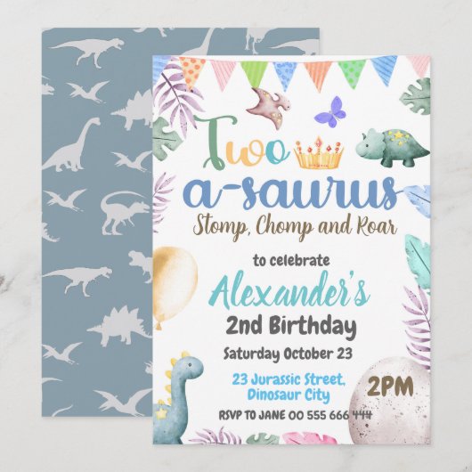 Dinosaurus 2e verjaardag Two-A-Saurus Jongensfeest Kaart (Voorkant / Achterkant)