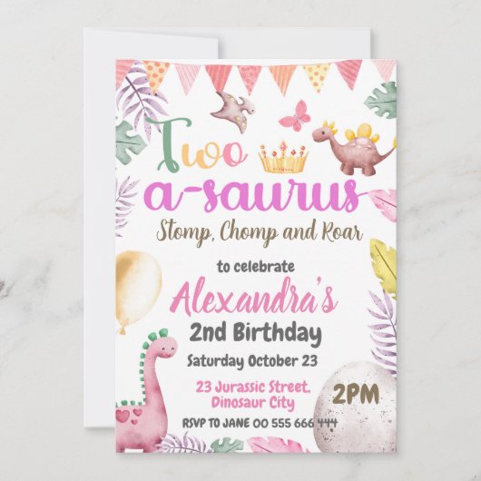 Dinosaurus 2e verjaardag Two-A-Saurus Meisjesfeest Kaart (Voorkant)