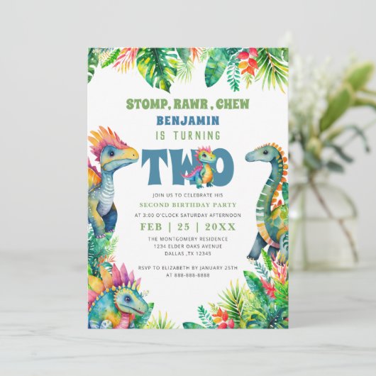 Dinosaurus 2e verjaardagsfeestje Schattige Baby Bo Kaart (Staand voorkant)