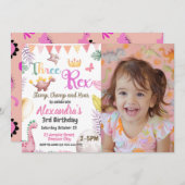 Dinosaurus 3e verjaardag drie rex foto meisje kaart (Voorkant / Achterkant)