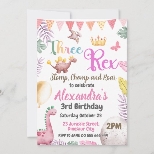 Dinosaurus 3e Verjaardag Drie Rex Meisje Uitnodigi Kaart (Voorkant)
