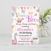 Dinosaurus 3e Verjaardag Drie Rex Meisje Uitnodigi Kaart (Staand voorkant)