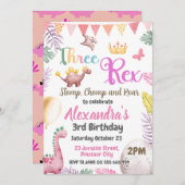 Dinosaurus 3e Verjaardag Drie Rex Meisje Uitnodigi Kaart (Voorkant / Achterkant)