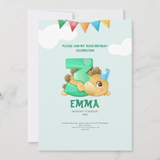 Dinosaurus 3e verjaardag kinder uitnodiging (Voorkant)