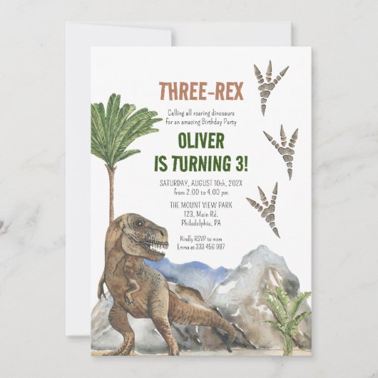 Dinosaurus 3e verjaardag Party uitnodiging (Voorkant)