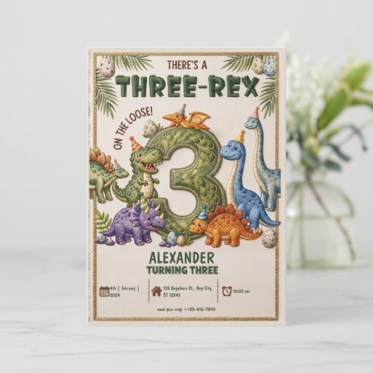Dinosaurus 3e verjaardag Three-Rex-feestje 3e verj Kaart (Staand voorkant)