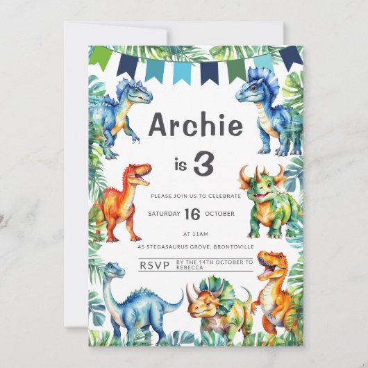 Dinosaurus 3e verjaardag uitnodiging (Voorkant)