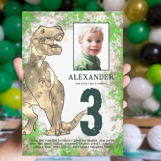 Dinosaurus 3e verjaardagsfeest foto kaart