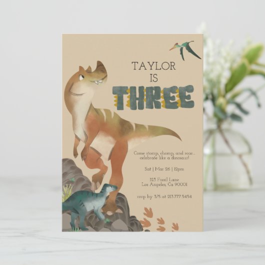 Dinosaurus 3e verjaardagsuitnodiging kaart (Staand voorkant)